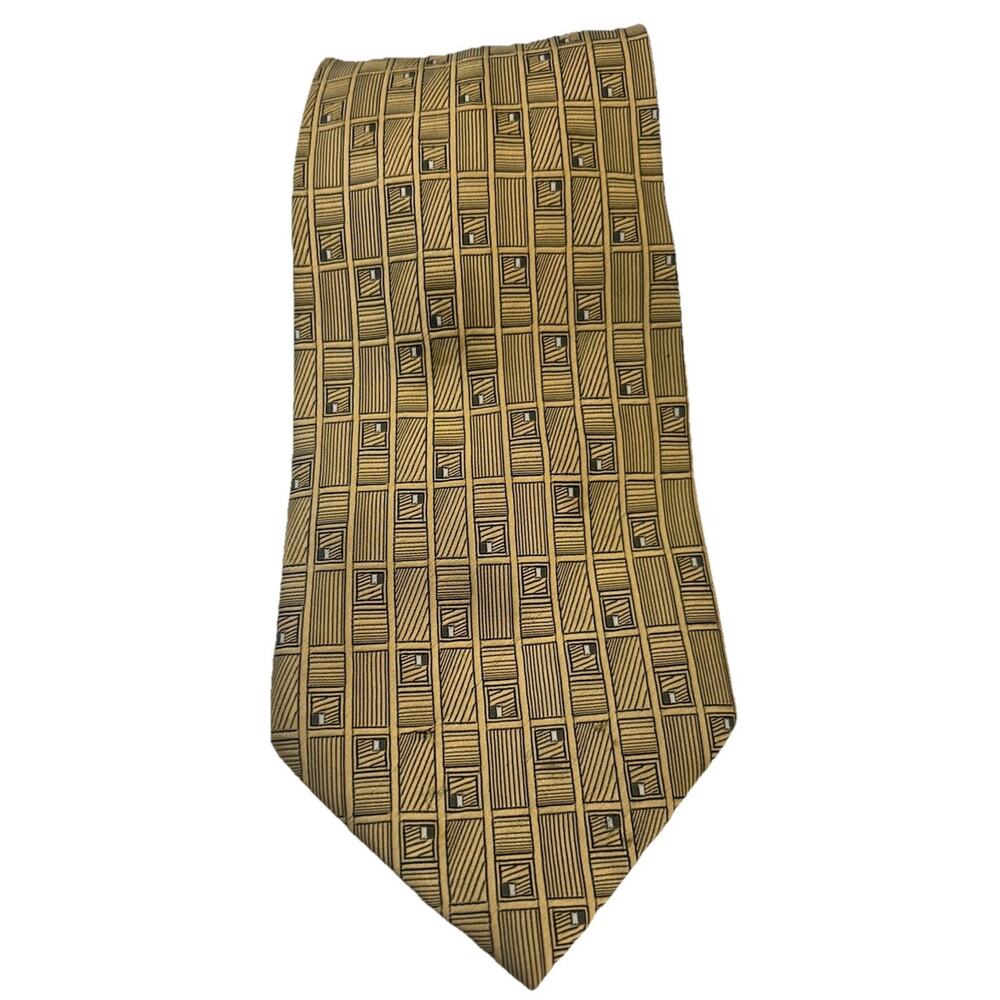 Allyn Saint George Mens Tie 4” All Silk Yellow‎ Black Geometric Handmade Necktie